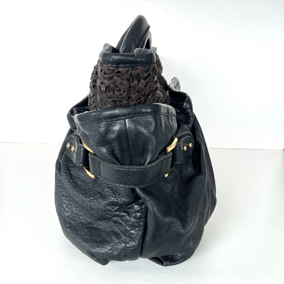 CC SKYE USA Black w Brown Cutout Laser Cut Leather Oversized Shoulder Bag Tote - Picture 5 of 14